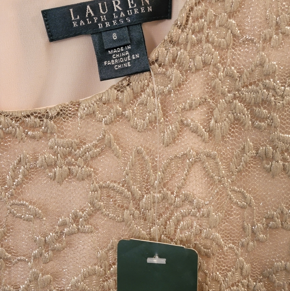 NWT Lauren Ralph Lauren Gold Lace Cap-Sleeve Sheath Dress Size 6 - Picture 6 of 12